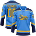 Personalized Electric Blue Gold Navy Hockey Jersey with Lace Neck Design Personalized Electric Blue Gold-Navy Hockey Lace