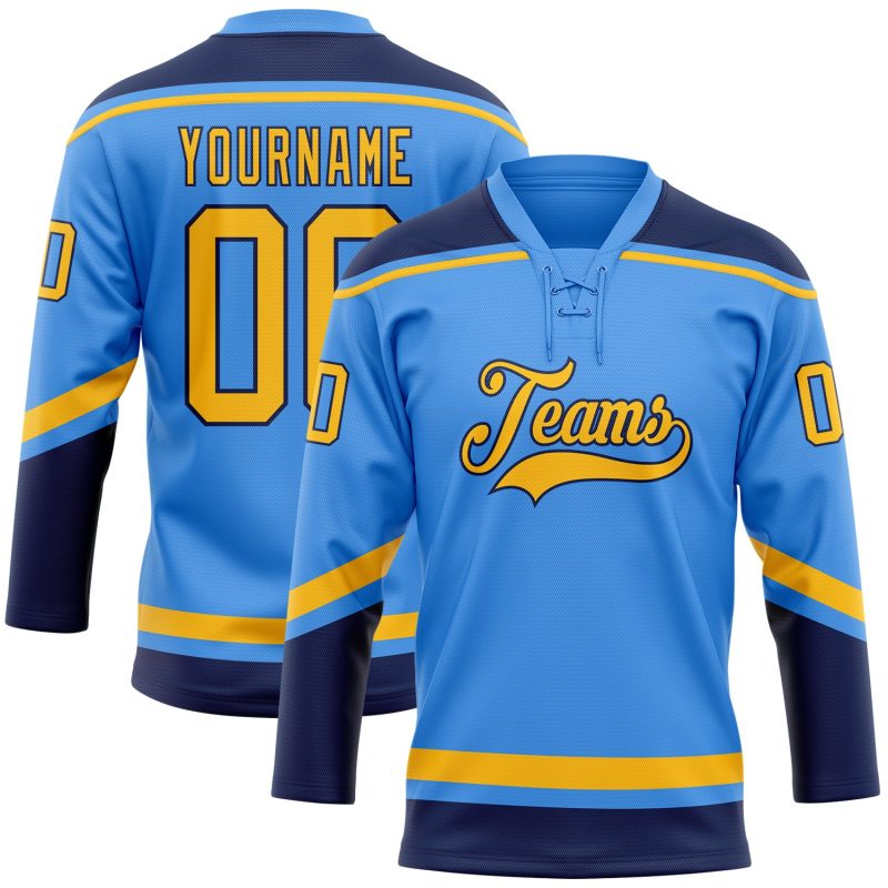 Personalized Electric Blue Gold Navy Hockey Jersey with Lace Neck Design Personalized Electric Blue Gold-Navy Hockey Lace