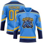 Custom Name and Number Hockey Jersey - Personalized Electric Blue Gold-Navy Lace Neck Design Personalized Electric Blue Gold-Navy