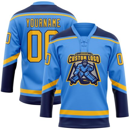 Custom Name and Number Hockey Jersey - Personalized Electric Blue Gold-Navy Lace Neck Design Personalized Electric Blue Gold-Navy