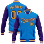 Electric Blue Gold-Purple Two-Tone Varsity Letterman Bomber Jacket - Personalized Full-Snap Design Personalized Electric