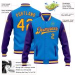 Electric Blue Gold-Purple Two-Tone Varsity Letterman Bomber Jacket - Personalized Full-Snap Design Personalized Electric
