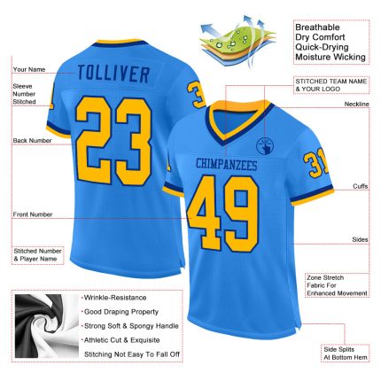 Custom Electric Blue Gold-Royal Mesh Football Jersey with Personalized Name & Number - Authentic Team Throwback Design Personalized