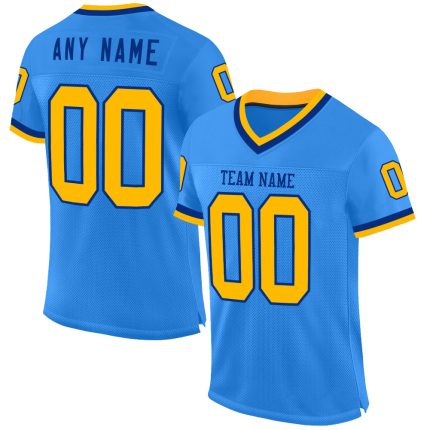 Custom Electric Blue Gold-Royal Mesh Football Jersey with Personalized Name & Number - Authentic Team Throwback Design Personalized