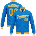 Custom Electric Blue Gold White Bomber Varsity Letterman Jacket with Personalized Name and Number Full-Snap Design Personalized