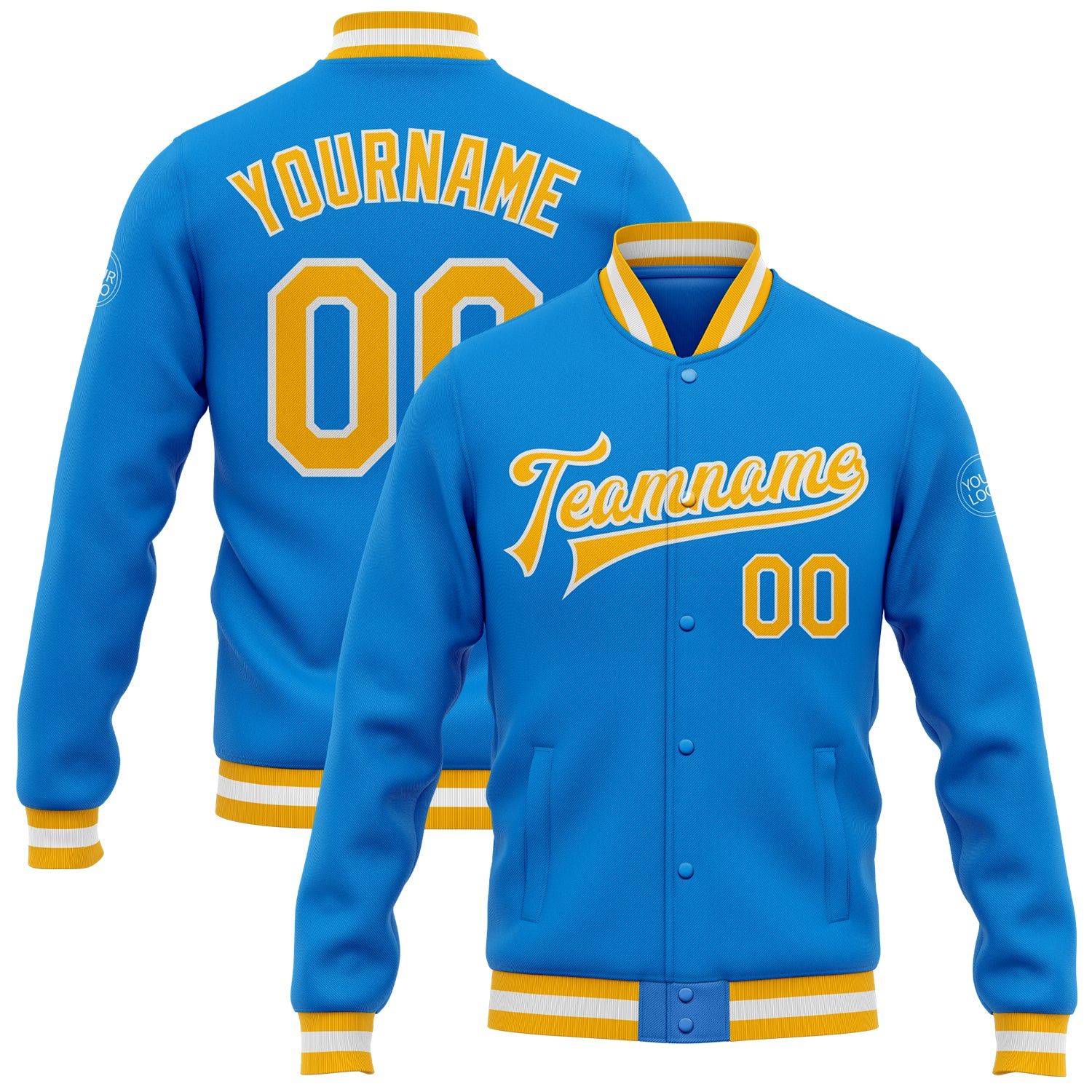 Custom Electric Blue Gold White Bomber Varsity Letterman Jacket with Personalized Name and Number Full-Snap Design Personalized