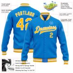 Electric Blue Varsity Jacket, Personalized Gold-White Letterman Full-Snap Bomber Style Personalized Electric Blue Gold-White