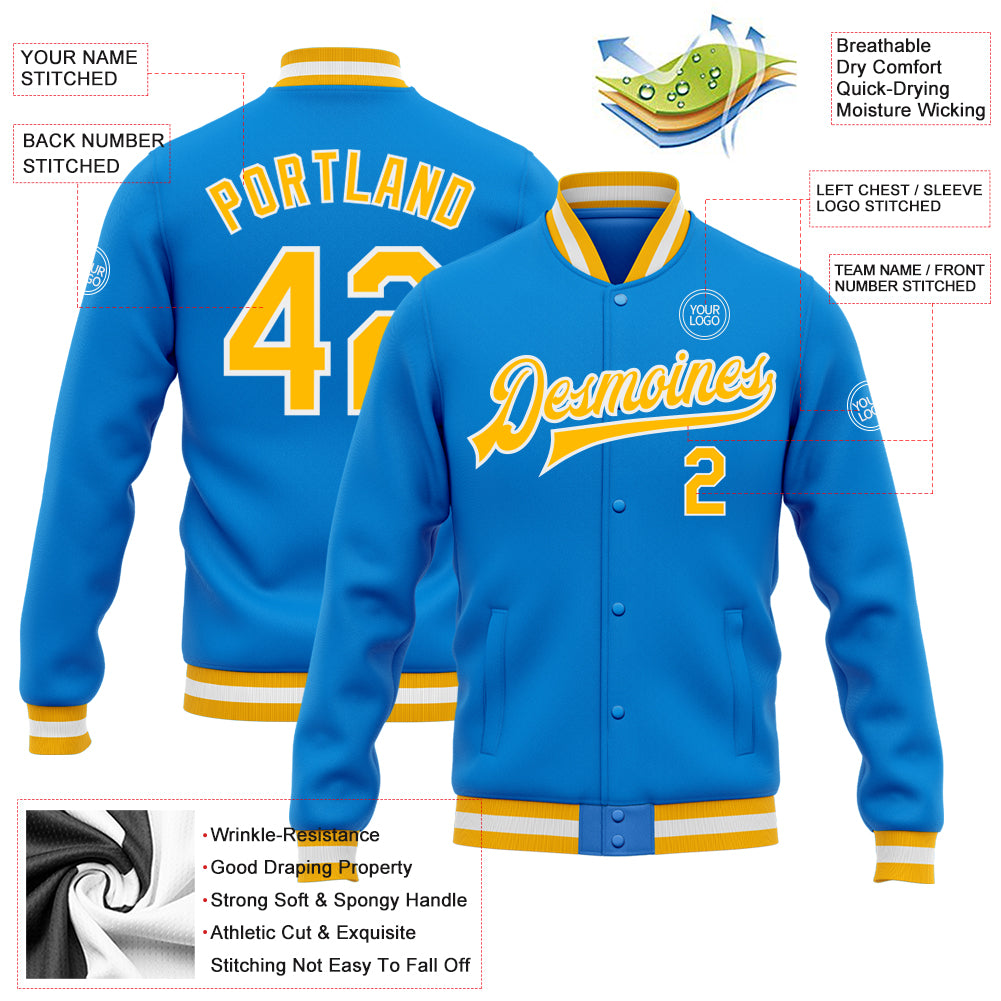 Electric Blue Varsity Jacket, Personalized Gold-White Letterman Full-Snap Bomber Style Personalized Electric Blue Gold-White - Image 5