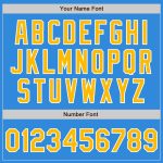 Electric Blue Varsity Jacket, Personalized Gold-White Letterman Full-Snap Bomber Style Personalized Electric Blue Gold-White