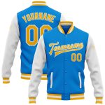 Electric Blue Varsity Letterman Jacket - Personalized Gold-White Full-Snap Two Tone Bomber Personalized Electric Blue Gold-White