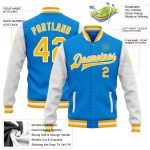 Custom Electric Blue Gold-White Two Tone Bomber Jacket with Personalized Name and Number, Full-Snap Varsity Letterman Style