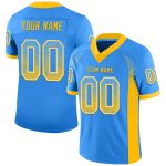 Personalized Electric Blue Gold White Mesh Fashion Football Jersey for Men Personalized Electric Blue Gold-White Mesh Drift