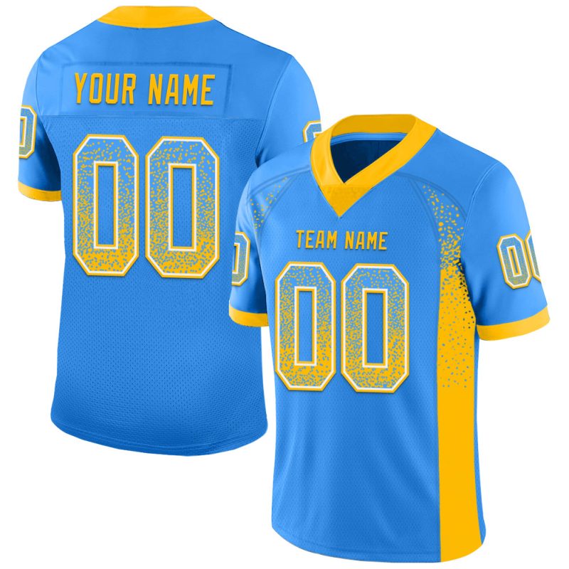 Personalized Electric Blue Gold White Mesh Fashion Football Jersey for Men Personalized Electric Blue Gold-White Mesh Drift