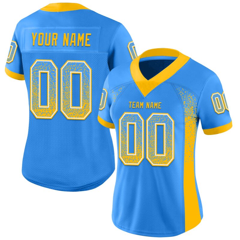 Personalized Electric Blue Gold White Mesh Fashion Football Jersey for Men Personalized Electric Blue Gold-White Mesh Drift
