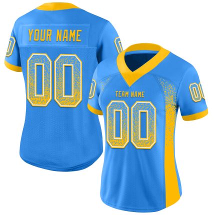 Customizable Electric Blue Gold-White Mesh Football Jersey with Name and Number - Drift Fashion Team Apparel Personalized