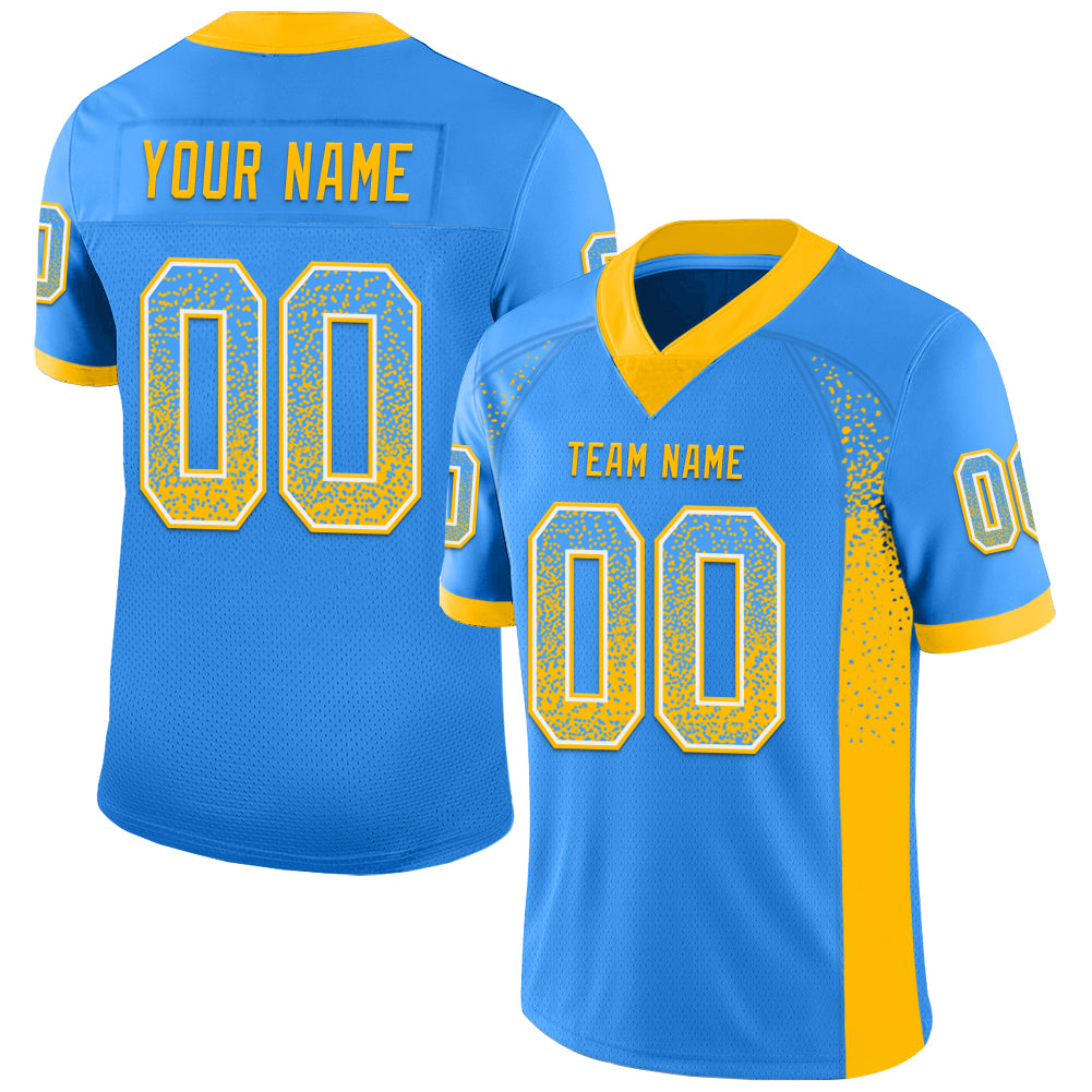Customizable Electric Blue Gold-White Mesh Football Jersey with Name and Number - Drift Fashion Team Apparel Personalized