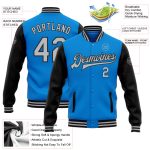 Electric Blue Gray Black Two Tone Varsity Letterman Bomber Jacket Full-Snap Personalized Personalized Electric Blue Gray-Black