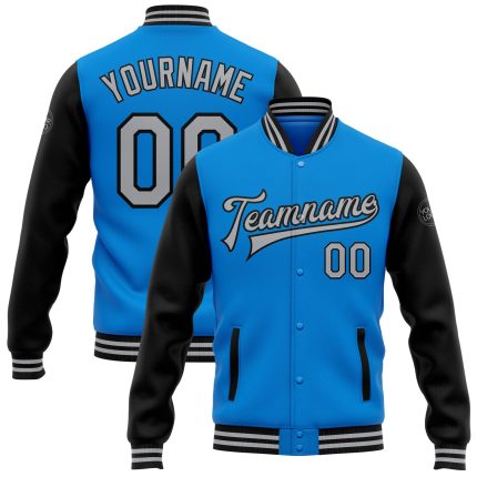 Electric Blue Gray Black Two Tone Varsity Letterman Bomber Jacket Full-Snap Personalized Personalized Electric Blue Gray-Black