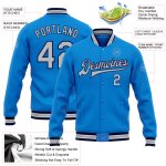 Personalized Electric Blue Gray Navy Varsity Letterman Bomber Jacket Full-Snap Personalized Electric Blue Gray-Navy Bomber