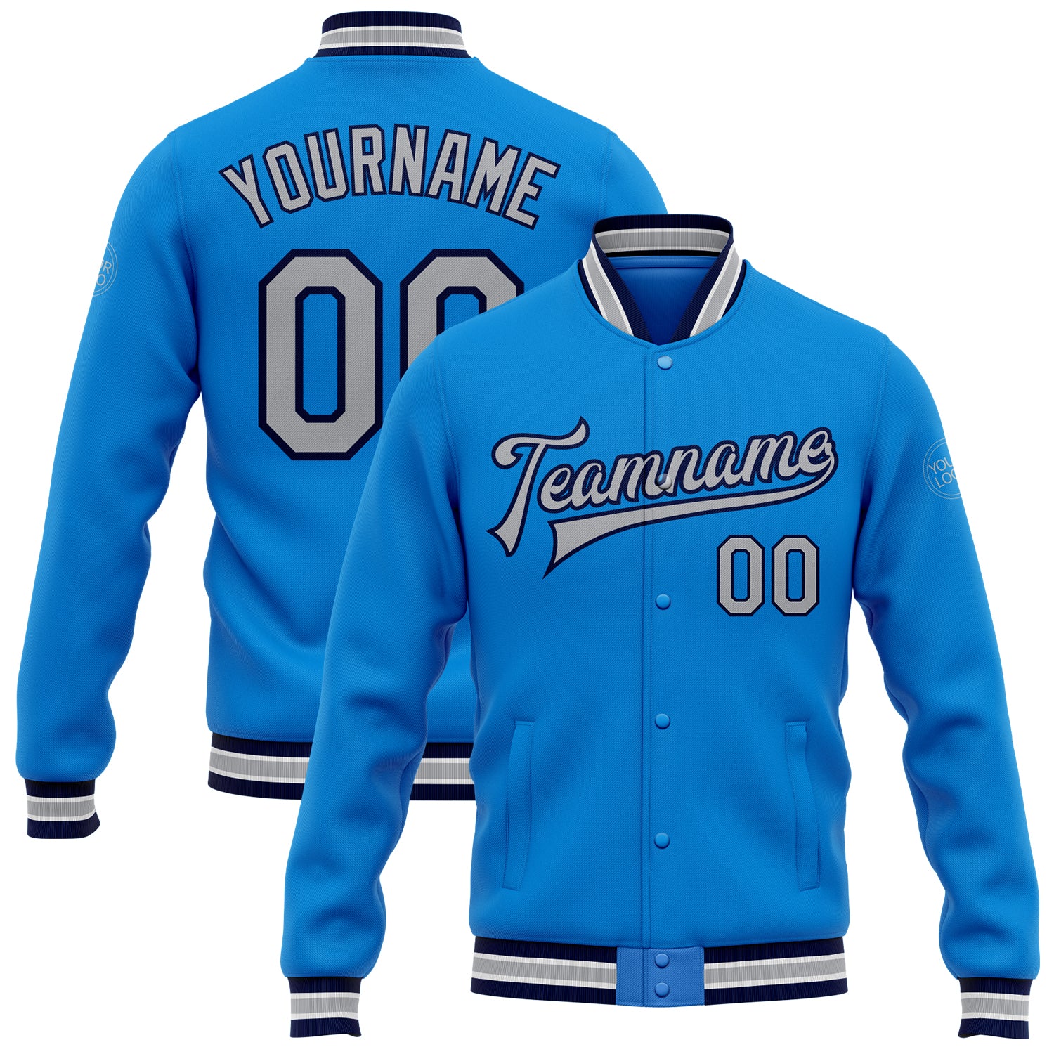 Custom Electric Blue Gray Navy Varsity Letterman Jacket with Personalized Name and Number - Full-Snap Bomber Style Personalized