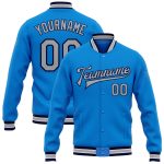 Personalized Electric Blue Gray Navy Varsity Letterman Bomber Jacket Full-Snap Personalized Electric Blue Gray-Navy Bomber