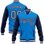 Electric Blue Gray Navy Personalized Bomber Jacket Full-Snap Varsity Letterman Two Tone Personalized Electric Blue Gray-Navy