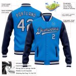 Electric Blue Gray Navy Personalized Bomber Jacket Full-Snap Varsity Letterman Two Tone Personalized Electric Blue Gray-Navy