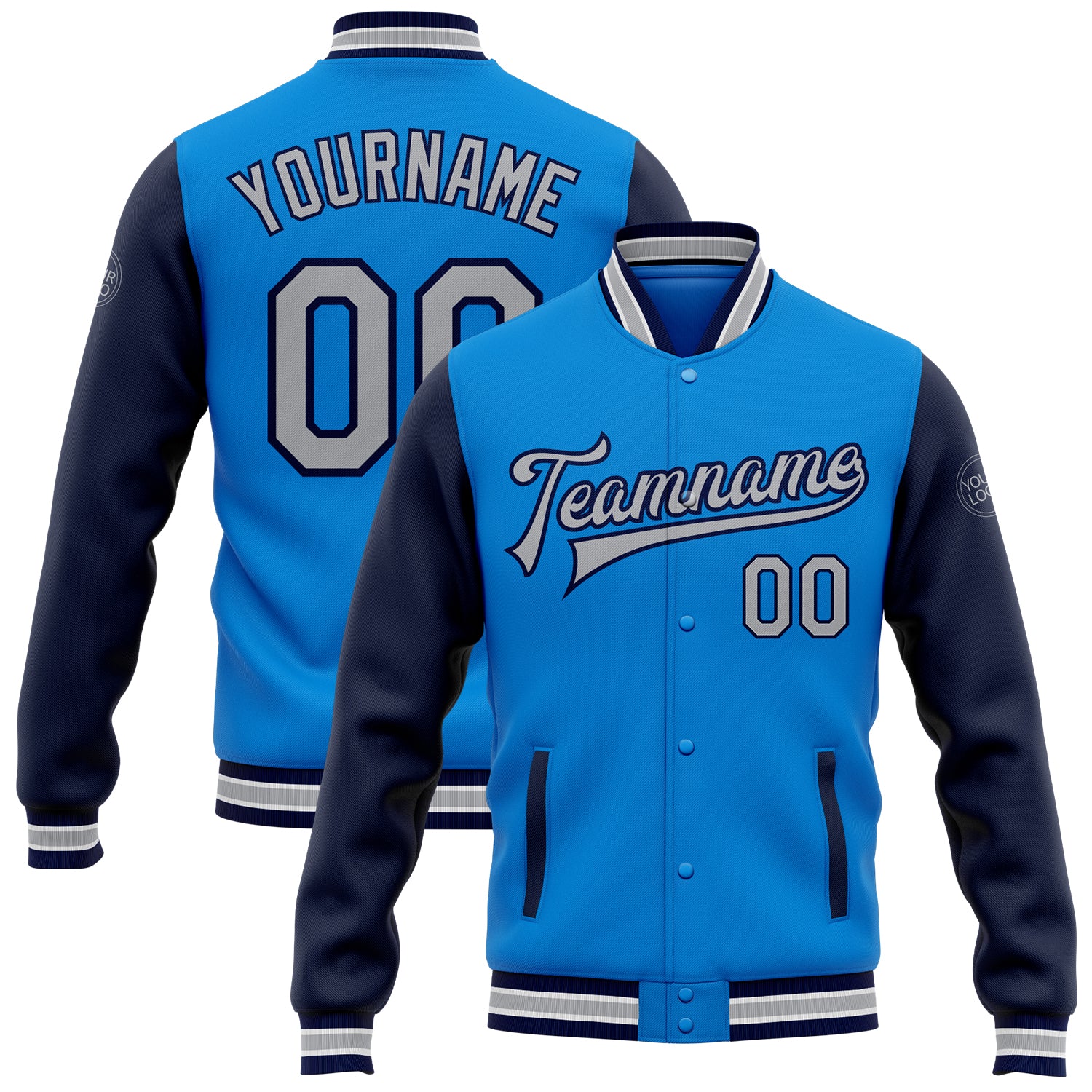 Custom Team Name and Number Personalized Bomber Jacket Electric Blue Gray-Navy Full-Snap Varsity Letterman Two Tone Personalized