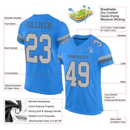 Personalized Electric Blue and Steel Gray Football Jersey, Authentic Mesh Design Personalized Electric Blue Gray-Steel Gray
