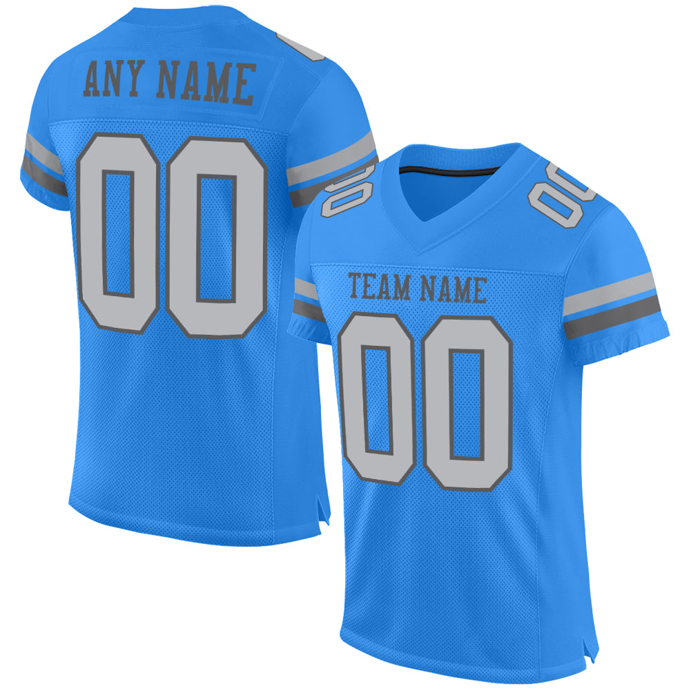 Personalized Electric Blue and Steel Gray Football Jersey, Authentic Mesh Design Personalized Electric Blue Gray-Steel Gray