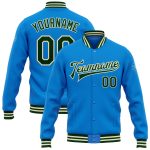 Custom Team Name and Number Bomber Jacket in Electric Blue Green Cream Full-Snap Varsity Style Personalized Electric Blue