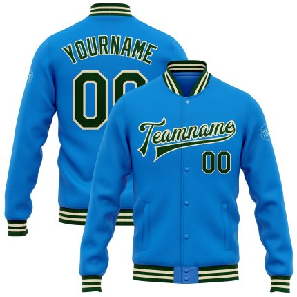 Custom Team Name and Number Bomber Jacket in Electric Blue Green Cream Full-Snap Varsity Style Personalized Electric Blue