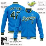 Custom Team Name and Number Bomber Jacket in Electric Blue Green Cream Full-Snap Varsity Style Personalized Electric Blue