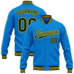 Personalized Electric Blue Green Gold Varsity Letterman Bomber Jacket Full-Snap Personalized Electric Blue Green-Gold Bomber