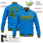 Custom Team Name Number Electric Blue Green Gold Bomber Varsity Jacket Full-Snap Letterman Personalized Electric Blue Green-Gold