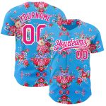 Personalized Baseball Jersey with Big Blue and Hot Pink 3D Flower Design, Northeast China Personalized Electric Blue Hot
