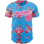 Personalized Baseball Jersey with Big Blue and Hot Pink 3D Flower Design, Northeast China Personalized Electric Blue Hot