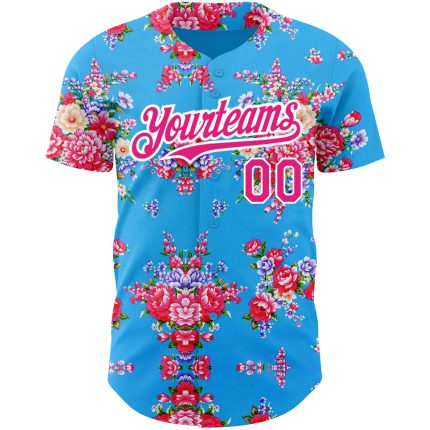Custom Name & Number Baseball Jersey - Electric Blue, Hot Pink & White 3D Flower Pattern - Northeast China Design Personalized