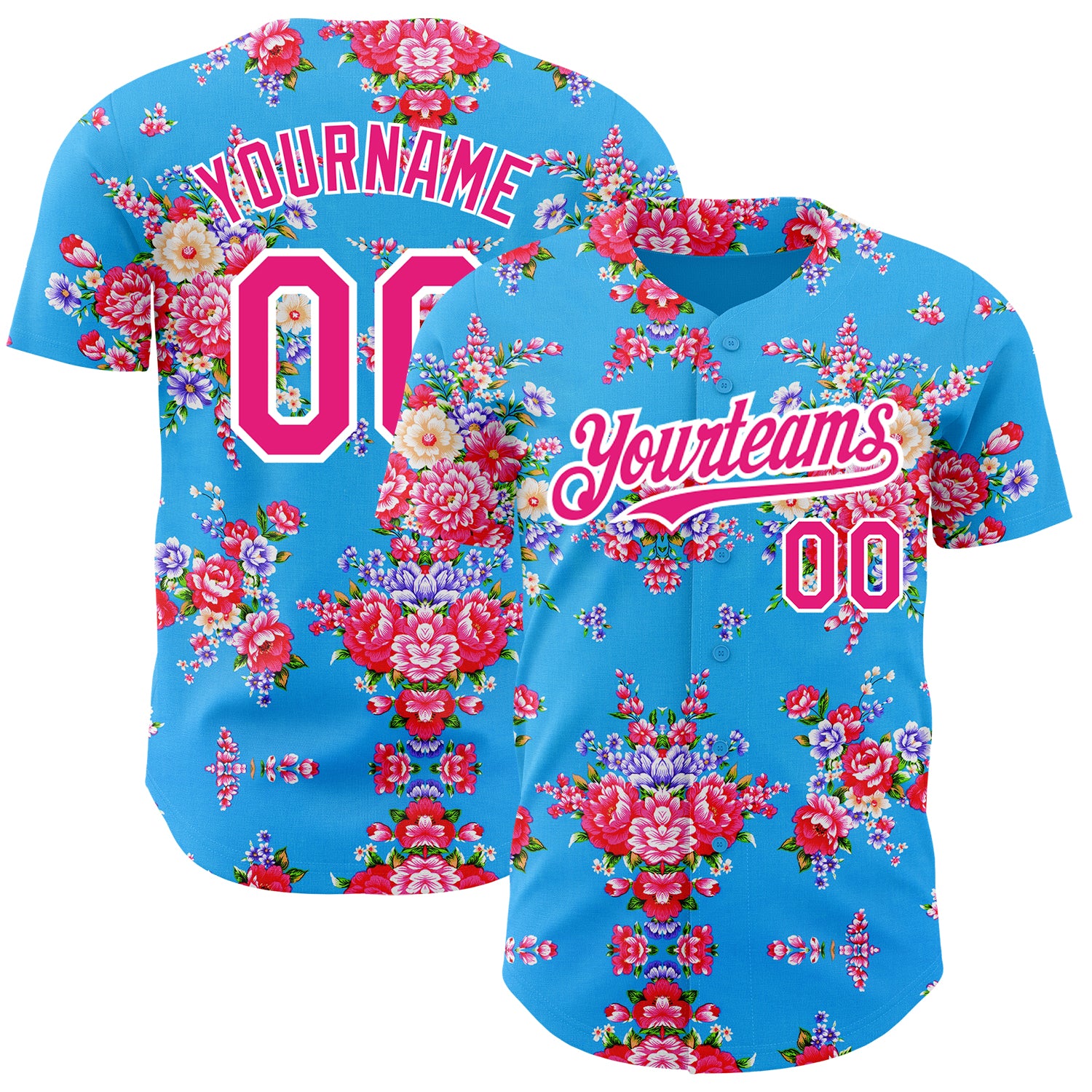 Custom Name & Number Baseball Jersey - Electric Blue, Hot Pink & White 3D Flower Pattern - Northeast China Design Personalized