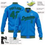 Personalized Electric Blue Green Letterman Varsity Bomber Full-Snap Jacket Personalized Electric Blue Kelly Green Black-Cream