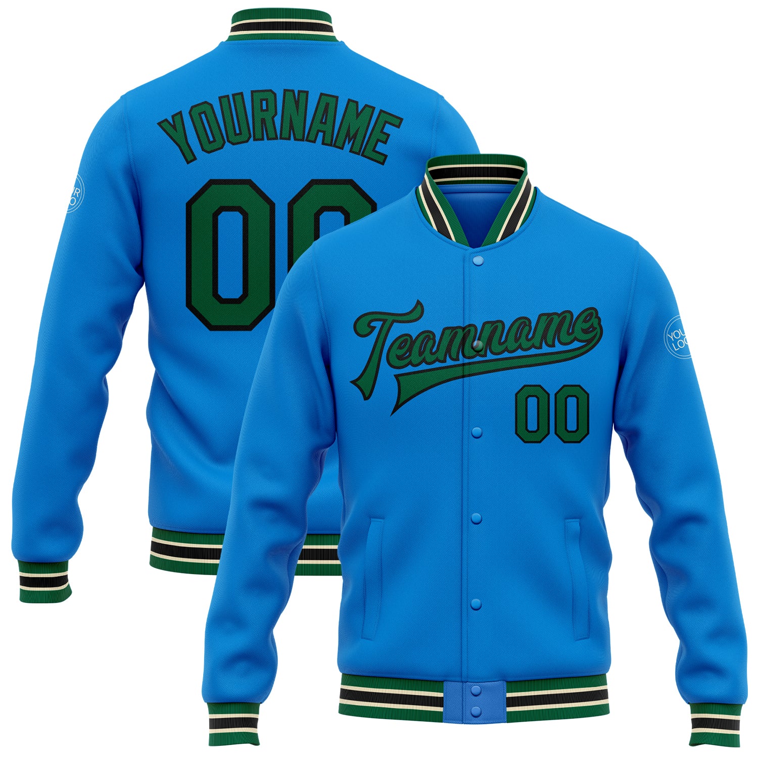 Custom Name Number Varsity Letterman Jacket Electric Blue Kelly Green Black Cream Bomber Full-Snap Team Apparel Personalized