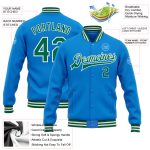 Personalized Electric Blue and Kelly Green Varsity Letterman Bomber Jacket Full-Snap Personalized Electric Blue Kelly Green-White