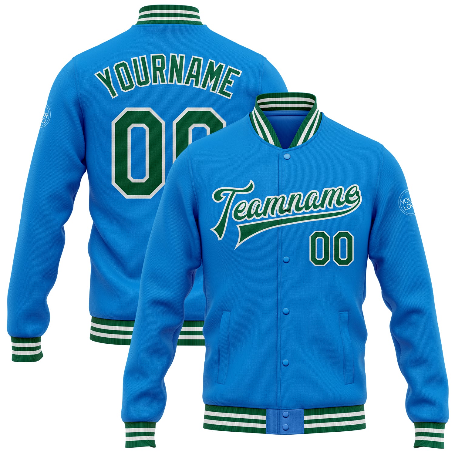 Custom Name Number Personalized Bomber Jacket Electric Blue Kelly Green White Full-Snap Varsity Letterman Personalized Electric