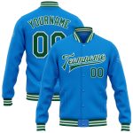 Personalized Electric Blue and Kelly Green Varsity Letterman Bomber Jacket Full-Snap Personalized Electric Blue Kelly Green-White