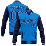 Personalized Electric Blue Navy Two Tone Varsity Letterman Bomber Jacket Full-Snap Personalized Electric Blue Light Blue-Navy