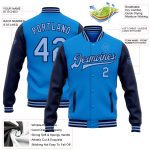 Custom Electric Blue and Light Navy Two-Tone Varsity Jacket with Name and Number - Full-Snap Bomber Style Personalized Electric