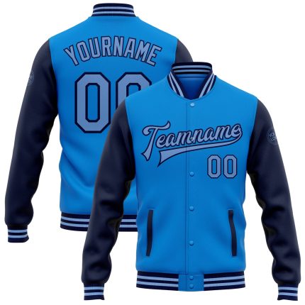 Custom Electric Blue and Light Navy Two-Tone Varsity Jacket with Name and Number - Full-Snap Bomber Style Personalized Electric