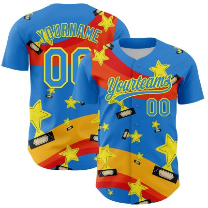 Electric Blue Light Yellow 3D Personalized Champion Trophy Baseball Jersey Personalized Electric Blue Light Yellow 3D Champion
