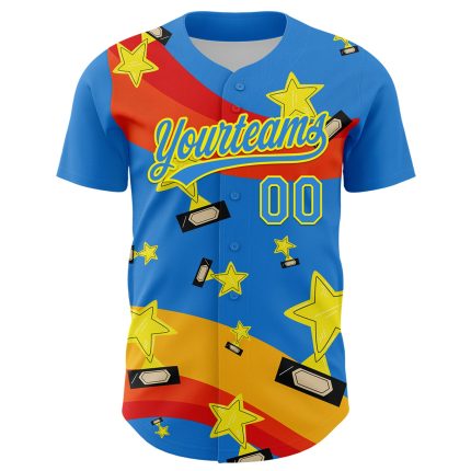 Custom Name & Number Champion Jersey - Electric Blue Light Yellow 3D Pattern Baseball Uniform Personalized Electric Blue