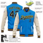 Custom Personalized Varsity Letterman Jacket - Electric Blue Navy Cream-Gold Full-Snap Two Tone with Your Name and Number